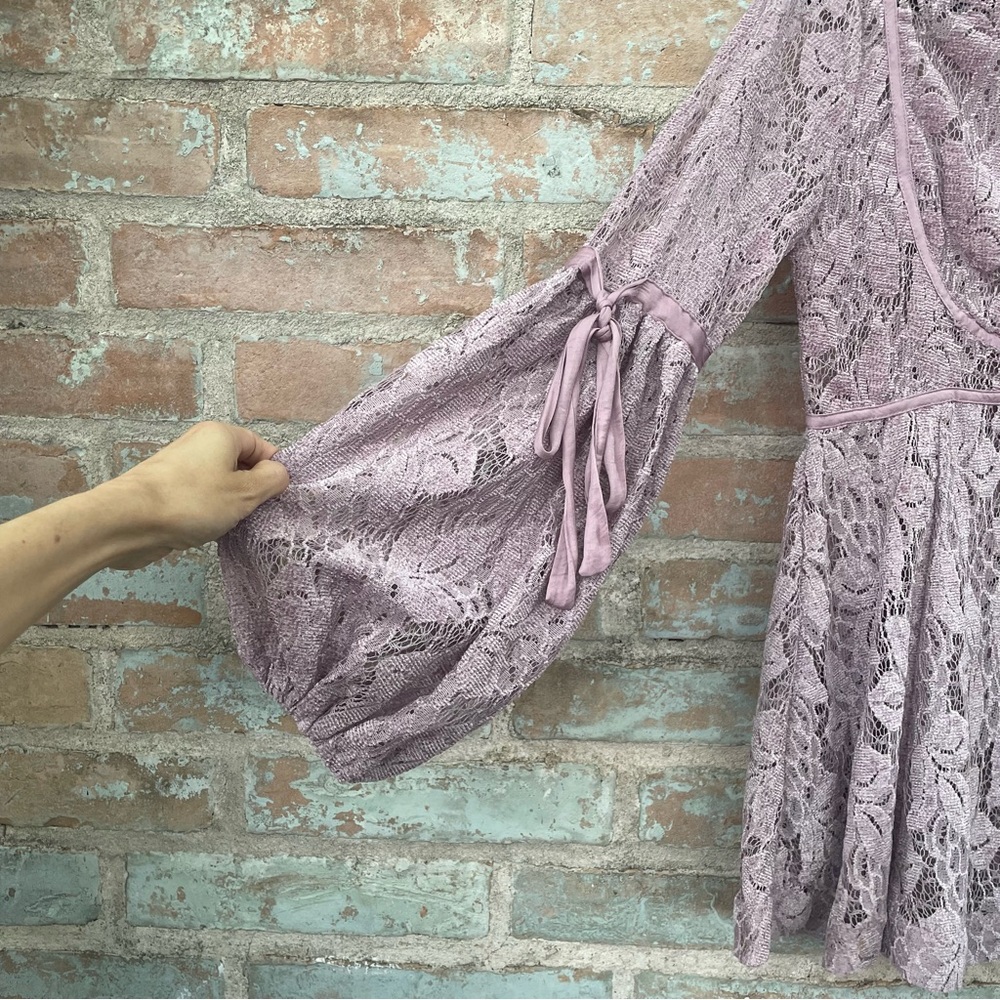 Free People Dress Ruby Mini Babydoll Lilac Pink Lace Sheer Boho Balloon Sleeve - Picture 6 of 13